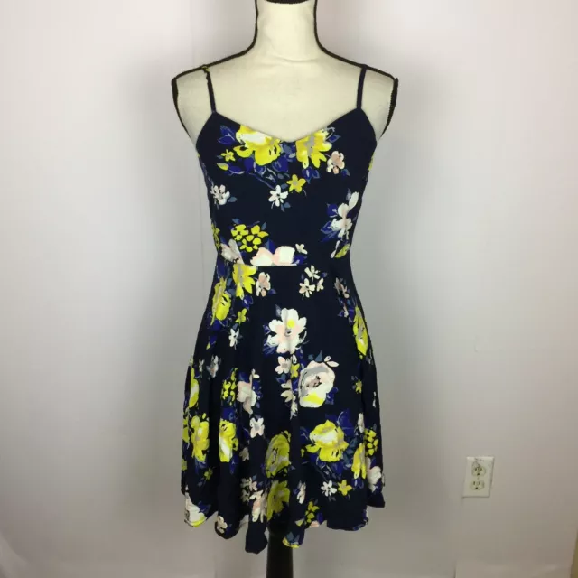 Old Navy Cami Smocked Fit & Flare Dress Size M Womans Navy Yellow Floral Rayon