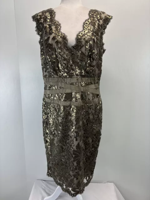 NEW! Tadashi Shoji Cocktail Dress Sz 16 Sequins Lace Overlay Metallic Sheath