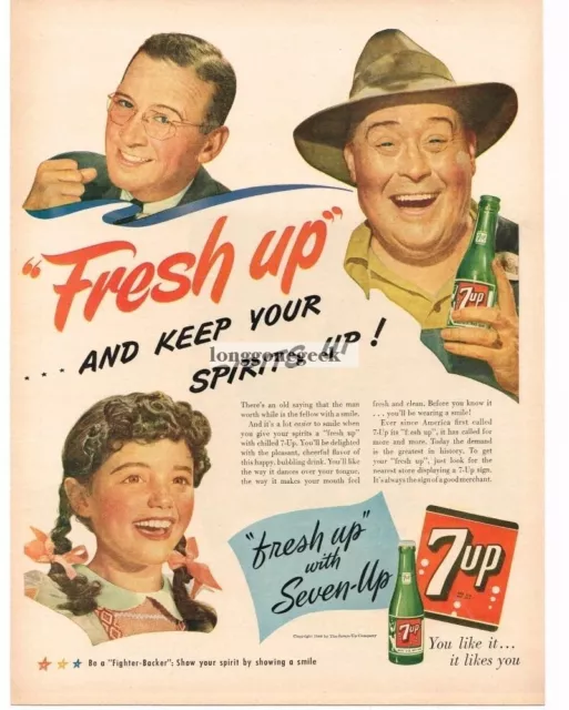 1944 7 UP Soda Young Girl w/ Braids Businessman Blue Collar Worker Vintage Ad