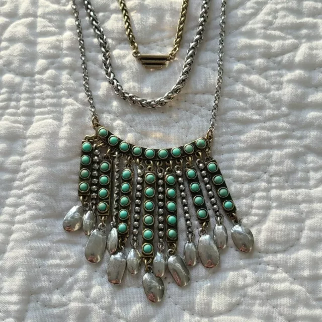 NWT Lucky Brand Necklace Reversible 3 Layered Turquoise Silver and Goldtone boho