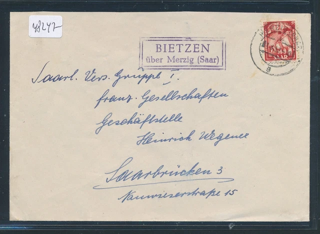 48247) Landpost Ra2 BIETZEN über Merzig (Saar), Brief 1952