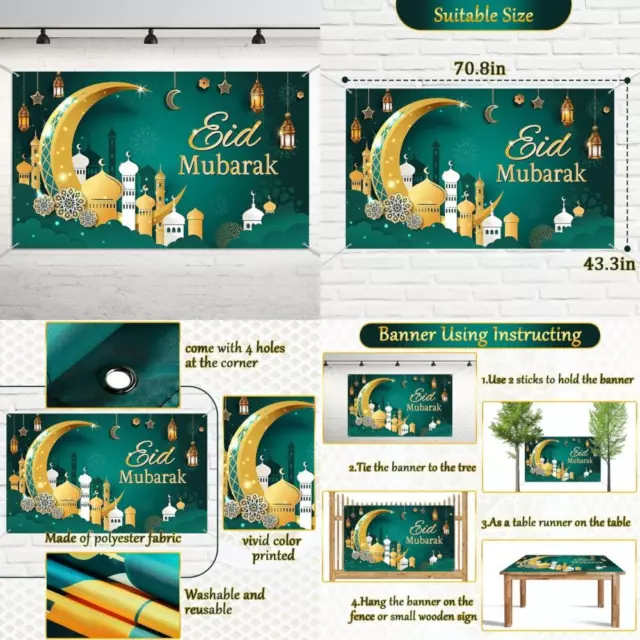 Large Eid Mubarak Banner Decorations, Ramadan Backdrop Banner, Green...