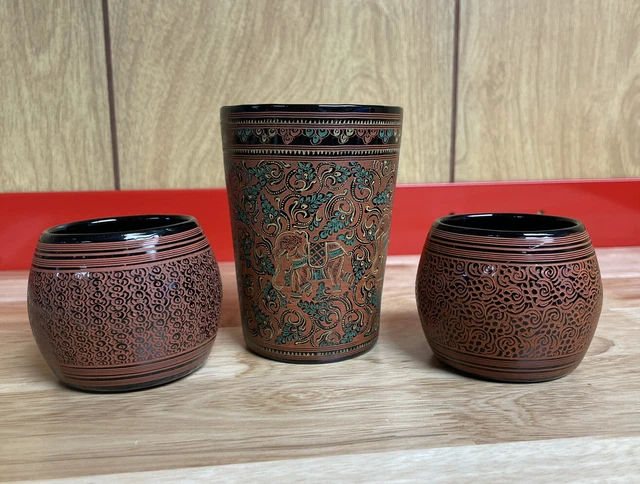 SET OF 3 Burmese Lacquer Tea Cups Hand Painted Lacquerware Asian Myanmar