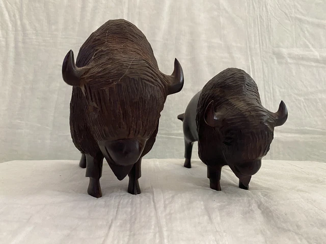 Lot of 2 Hand Carved Ironwood Buffalo Bison Figurines Beautiful Wood Grains