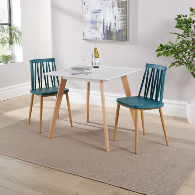 Set Tavolo da Pranzo 80cm Superiore Bianco Gambe in Legno 2 Sedie Geometriche Da Cucina Verde