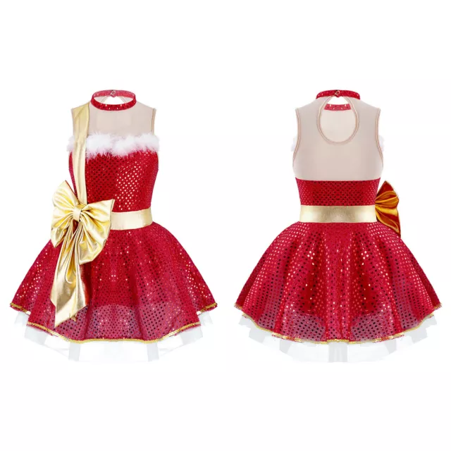 Kids Girls Mesh Leotard Dress Sequins Adorned Dancewear Christmas Costume Outfit