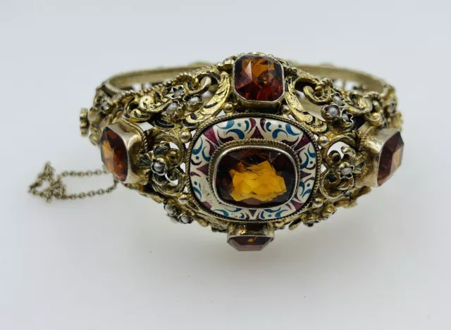 Antique Austro Hongrois Victorien Argent Sterling Citrine Grand Orné Bracelet