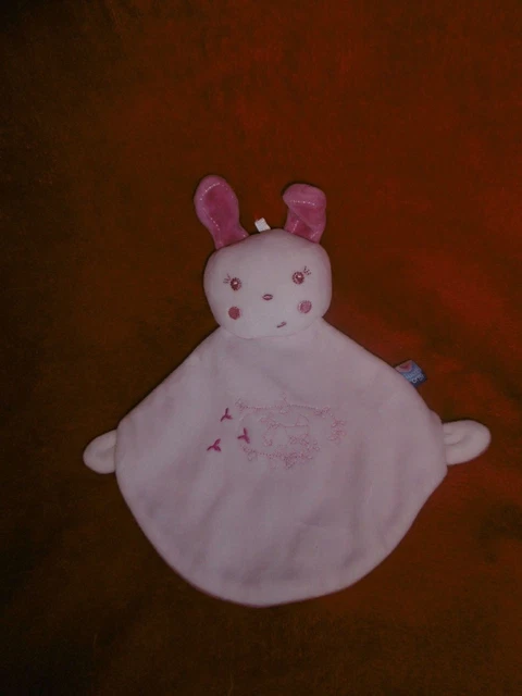 Doudou Plat Sucre d'Orge Lapin Rose Brodé Lapin Landau Fleur