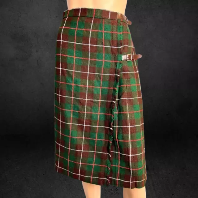 Vintage Green Plaid Tartan Wool Midi Kilt Skirt