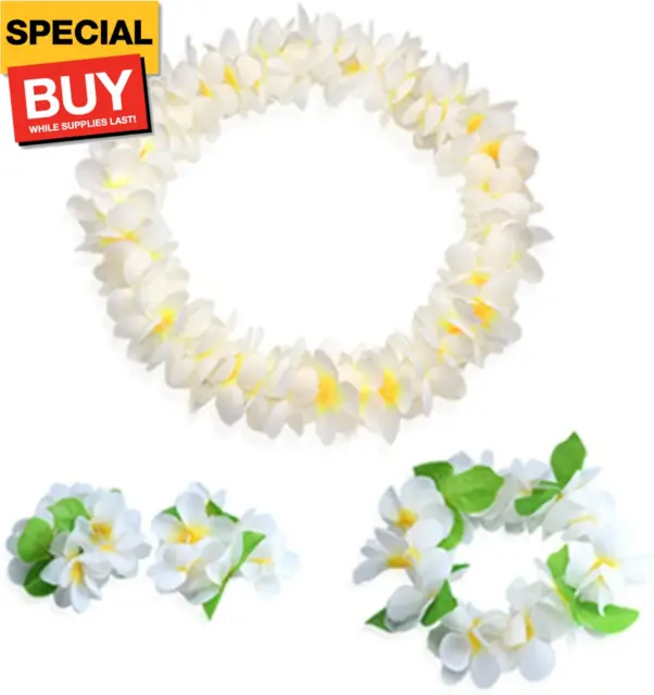 Hawaiian Luau white flower Leis Jumbo necklaces bracelets headband set