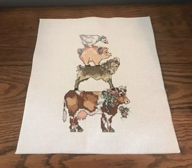 Farm Animals Completed Cross Stitched Farmhouse Decor from Vintage Pattern