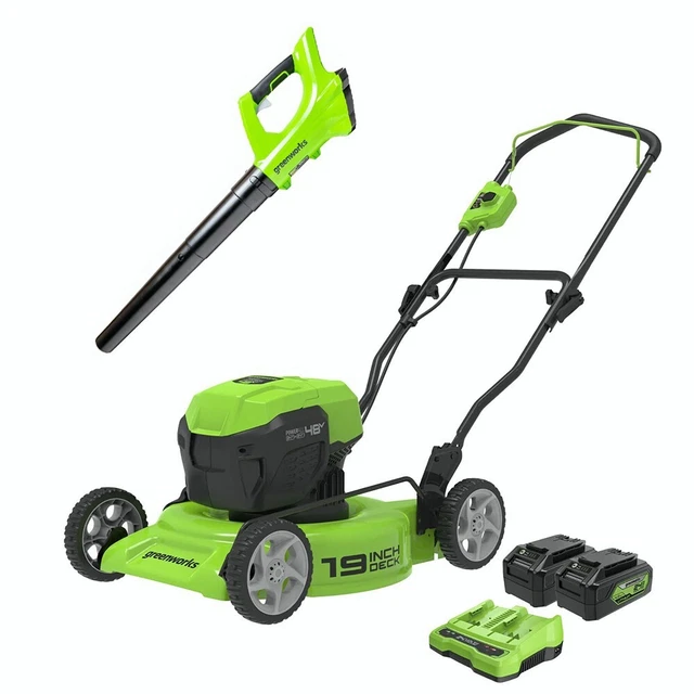 GREENWORKS 48V (2X24V) 19" Cordless Battery Lawn Mower and 24V Axial