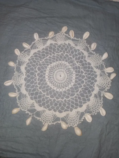 Vintage White Crochet Doily With Seashells milk jug cover 20cm Round  36