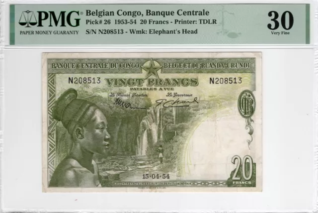 1953 BELGIAN CONGO 20f PMG 30 NATIONAL AUCTION COMP (30/$360 35/$587) #COMP2-16