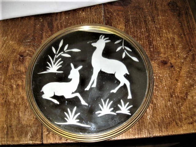 Plateau miroir vintage gravé avec anse chromé - Plateau serv