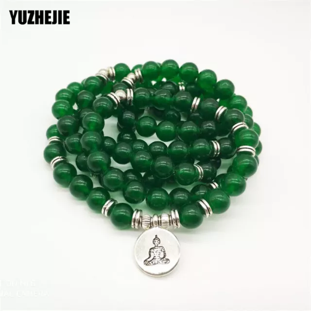 8mm Dark green jade 108 Mala bracelet Yoga lotus Buddha pendant tassel