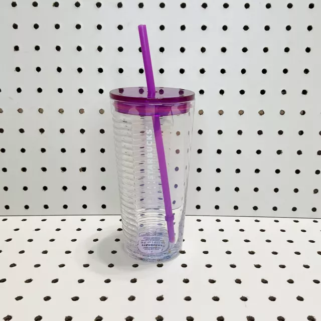 Starbucks New 2022 Clear Ribbed Glass Tumbler With Purple Lid And Straw