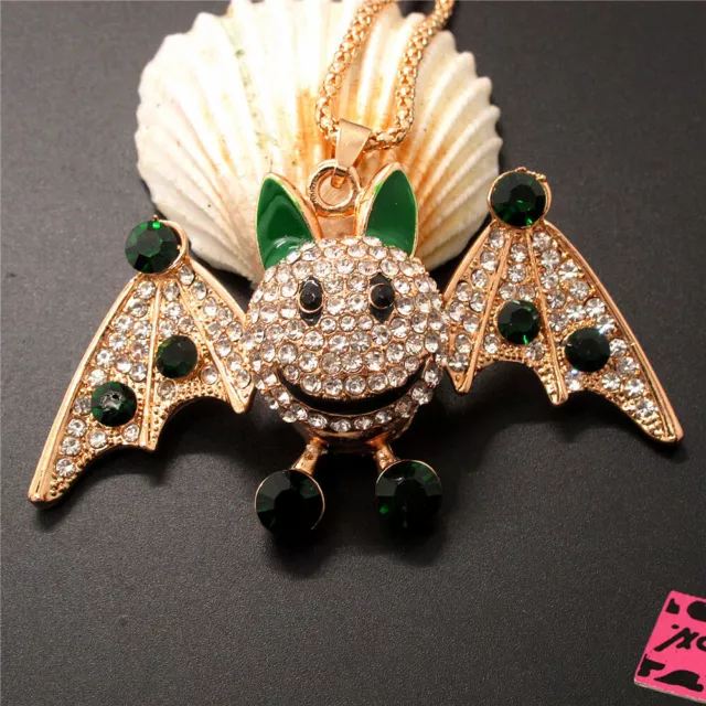 Hot Betsey Johnson Green Bling Cute Bat Crystal Animal Necklace Sweater Chain