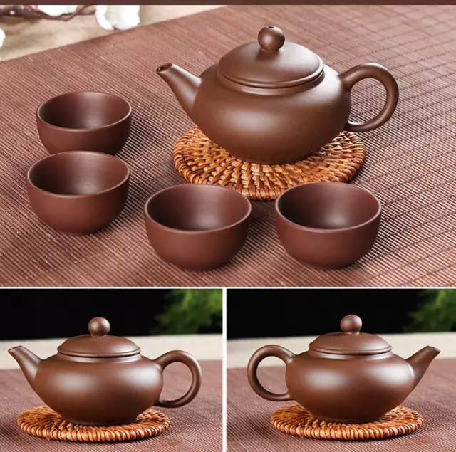 Amazing A Set Purple Clay Manual Sculpture Brown Pear Shaped Teapot Cups C70