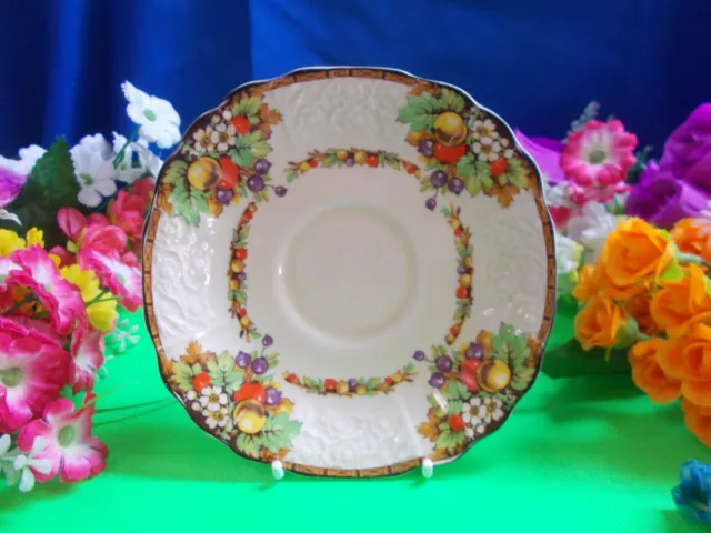 LOVELY MYOTT COLORFUL FLORAL / FRUIT PATTERN SAUCER - ENGLAND 14 1/2 cm # M 396