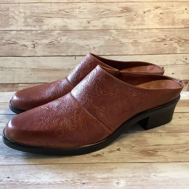 Walking Cradles Shoes Womens 10 Narrow Caden Mule Clogs Tooled Brown Leather