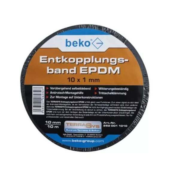 Beko Terrasys Entkopplungsband EPDM, 10mm x 1 mm x 10 m Entkopplung Band Kleber