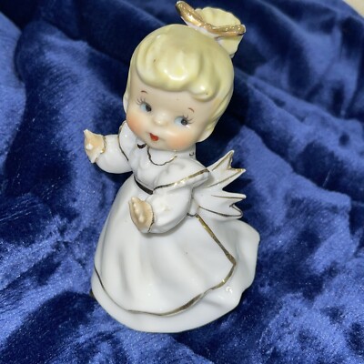 Vintage Lefton Shopper Girl White Dress Gold Trim Blonde 4 1/2