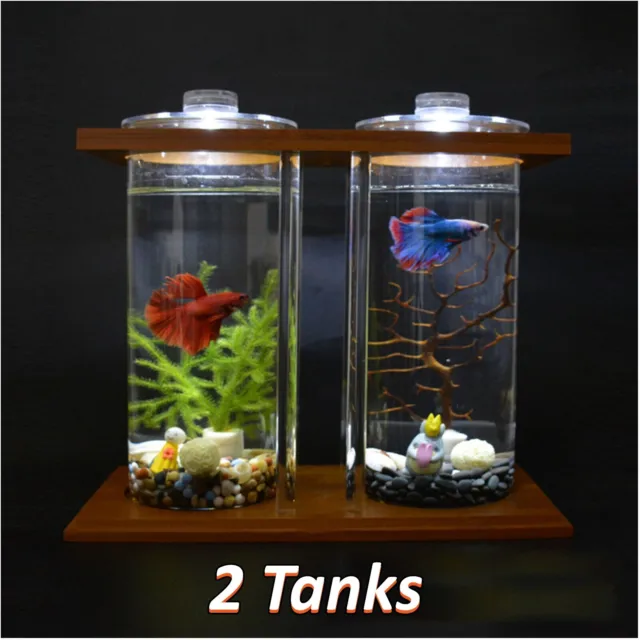 Glass Betta Fish Tank Bamboo Base Mini Aquarium Goldfish Tank Desktop Decoration
