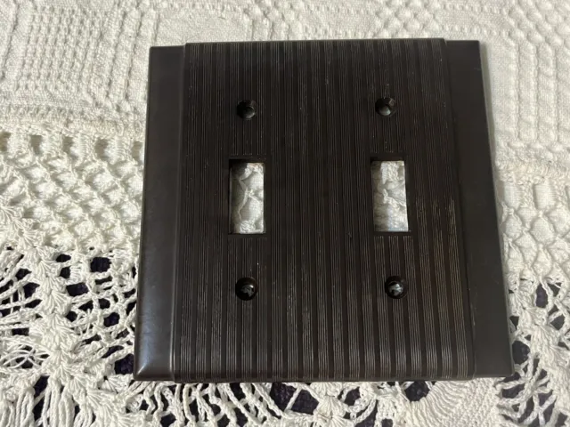 Vtg DOUBLE Electrical Light Switch Plate Cover Brown Uniline Bakelite Striped