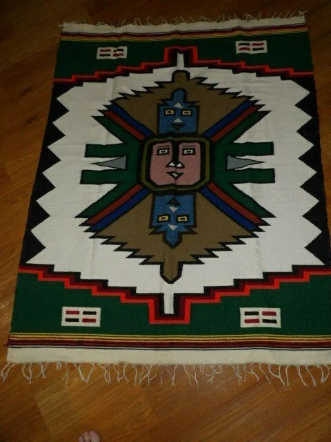 Vintage Mexican Hand Woven Rug, Carpet, Bed Cover Wall Hanging Work of Art Mayan
