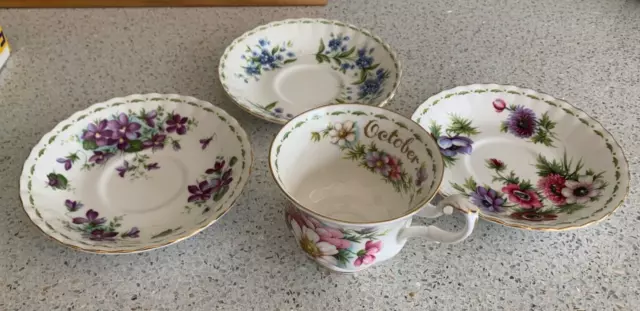 Royal Albert Flower Of The Month October  Tea Cup And 3 Fotm Saucers  L. 2