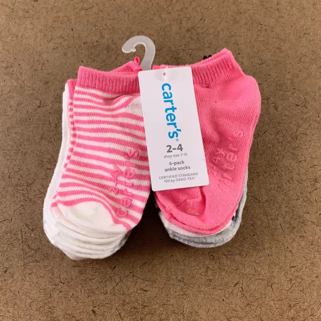 Carters Toddler Girl Shoe Size 7-10 White/Pink/Gray 6-Pack Ankle Socks NWT