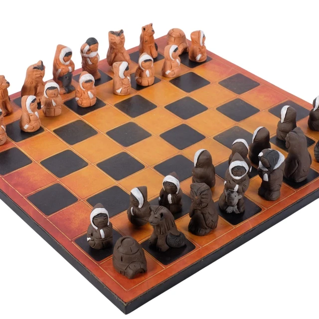 Signed Chess Set INUIT FIGURE POTTERY chess set, signed Eija Seras, with leather-covered ...