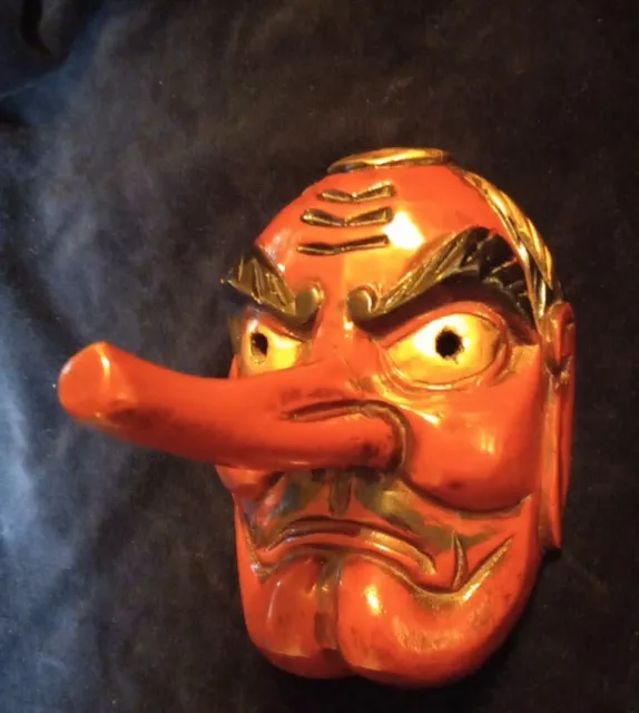 Antique Japanese Hand Carved Wood Tengu Mask, Demon W/ Long Nose, Big Eyebrows