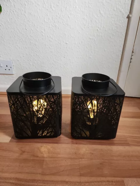 Pair Of Metal lantern Bulb Tree Table Black Lamps- 25cm Tall - Beautiful Lamps