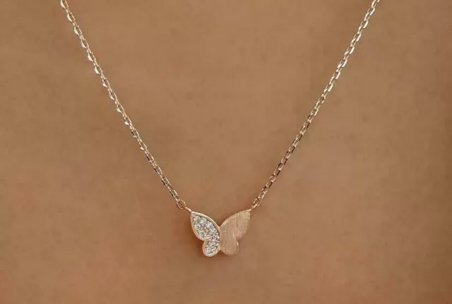 Butterfly Pendant Necklace 0.25 Ct Real Moissanite 14K Rose Gold Over 925 Silver