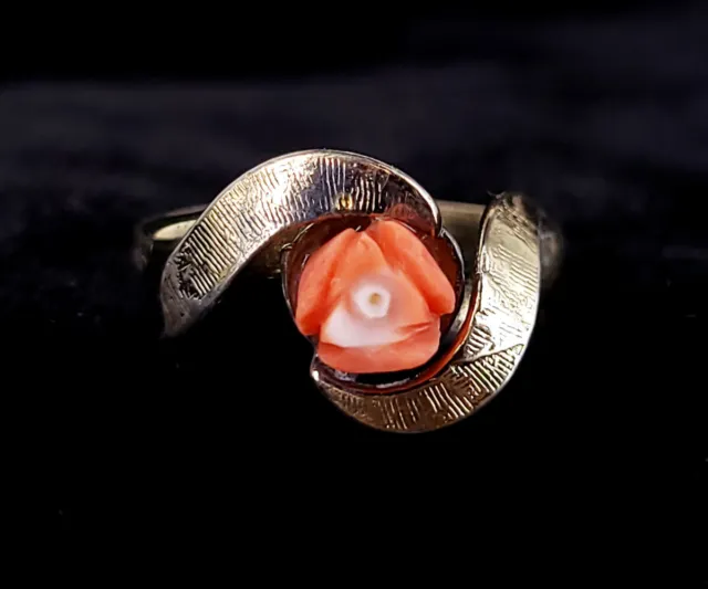 Vintage Oro Sobre Plata de Ley Tallado Coral Anillo Flor Rosa Talla 7