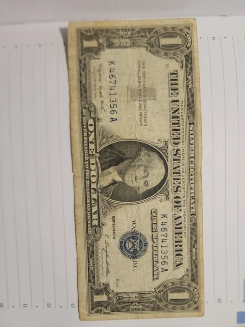 ✔ One 1957 Blue Seal $1 Dollar Silver Certificate, VG/VF, Old US One Dollar Bill