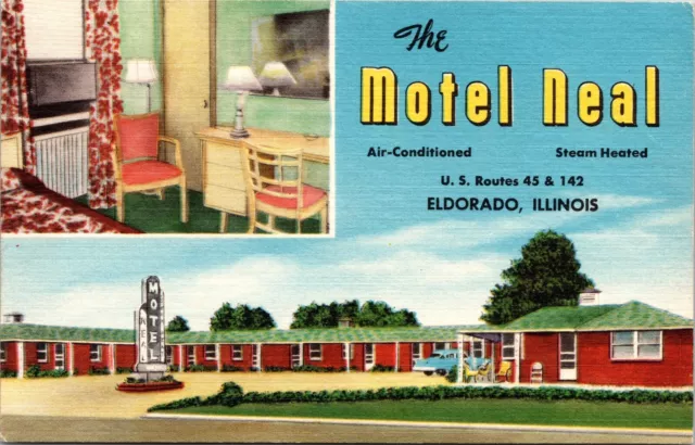 Eldorado, Illinois - Roadside - Motel Neal - Split-View - Linen Postcard