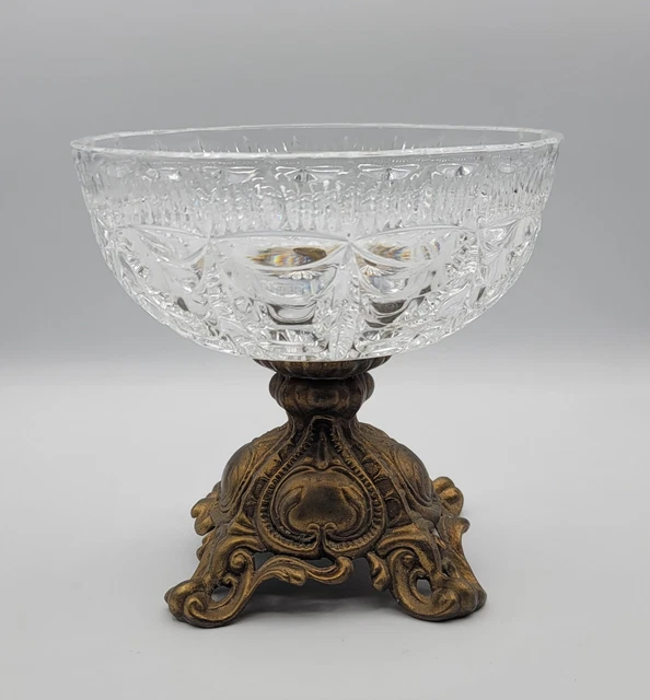 VINTAGE CRYSTAL CUT Bowl Brass Pedestal Fruit Candy Dish Centerpiece £