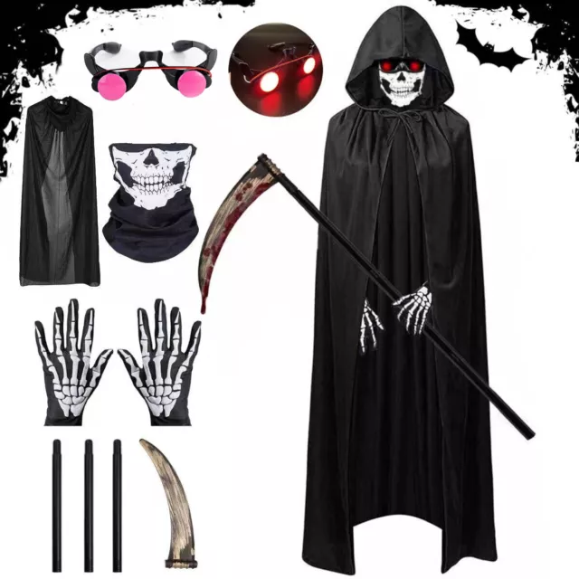 Scary Ghost Adult Kids Halloween Cosplay Grim Reaper Costume with/Glowing Eyes