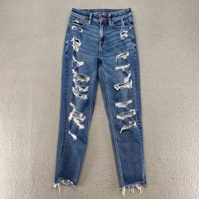 American Eagle 90s Jeans Womens 0 Mom Jean Destroyed Stretch Denim Distressed