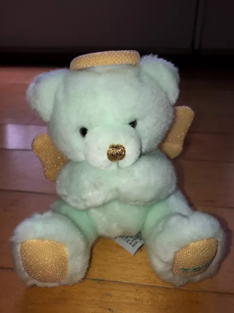 Russ Berrie Green Gold Joy Angel Teddy Bear Halo Wings 5" Plush