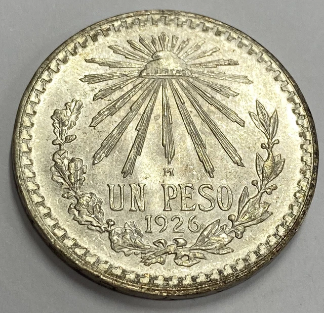 1926 UN PESO - Mexico Silver .720 Higher Grade Coin Unc Details Die Crack B