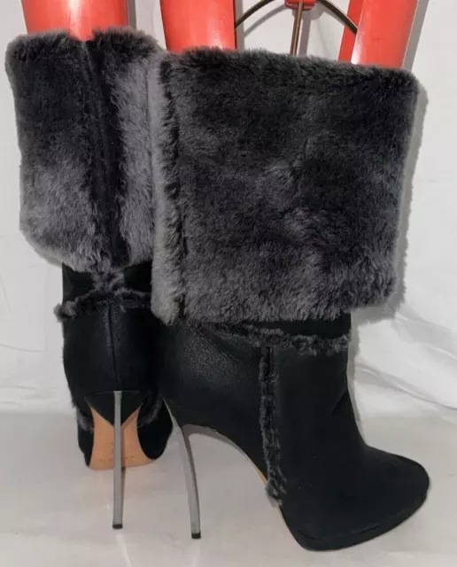 US 8 ❤️CASADEI BLADE BLACK Leather Gray Fur Mid Calf Knee HIGH Heel Boots ITALY