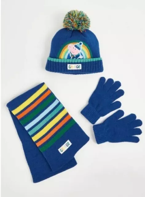 Peppa Pig George Knitted Bobble Pom Pom Hat Scarf Gloves Set Blue Kids Age 4-6