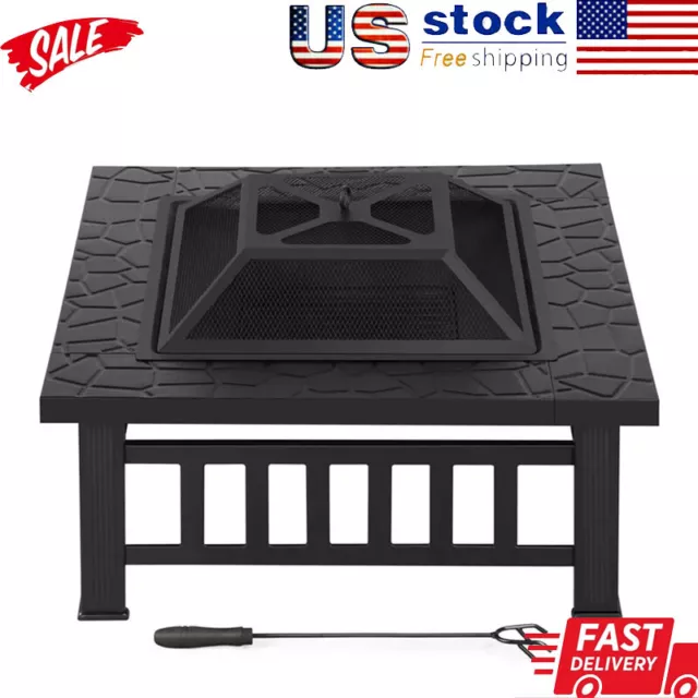 Outdoor 32" Square Metal Fire Pit Table with Spark Screen Wood Burning HOT