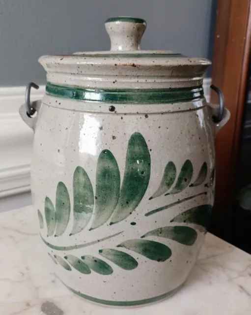 Signed Pottery Stoneware Crock Jar Salt Glazed Green Lidded Wooden Handle 7"