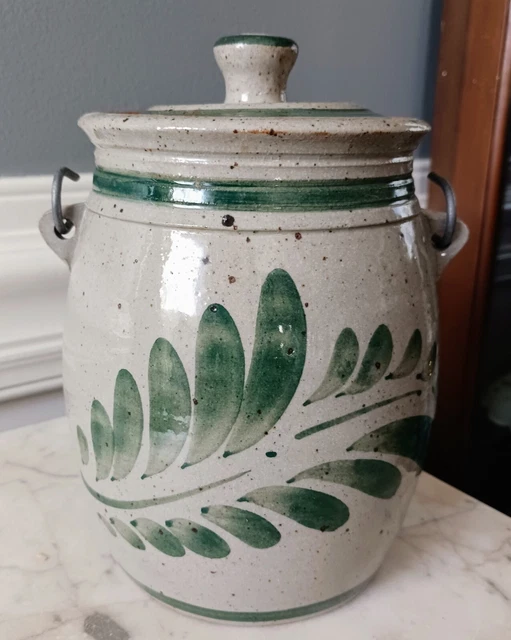 Signed Pottery Stoneware Crock Jar Salt Glazed Green Lidded Wooden Handle 7"