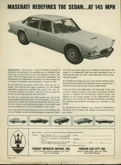 Maserati redefines the sedan at 145 mph ad 1967